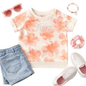 Juicy Couture Girls Pink Floral Sleeve Sweatshirt Rhinestone Logo Pullover Sz 4T